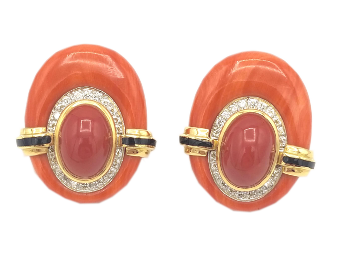 David Webb Platinum Coral & Diamond Earrings
